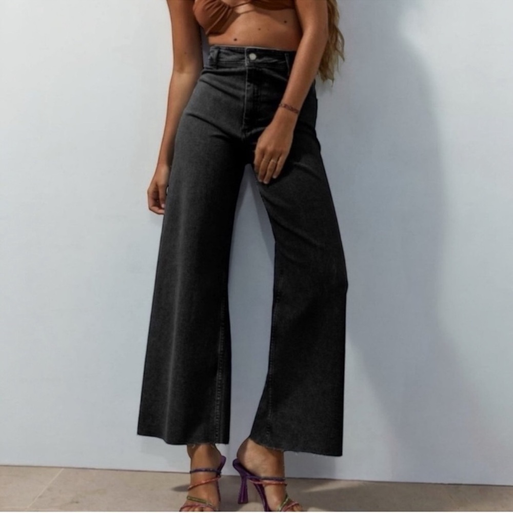 ZARA The Marine Straight Wide Leg High Waist Jeans Raw Hem sz 0 soft black